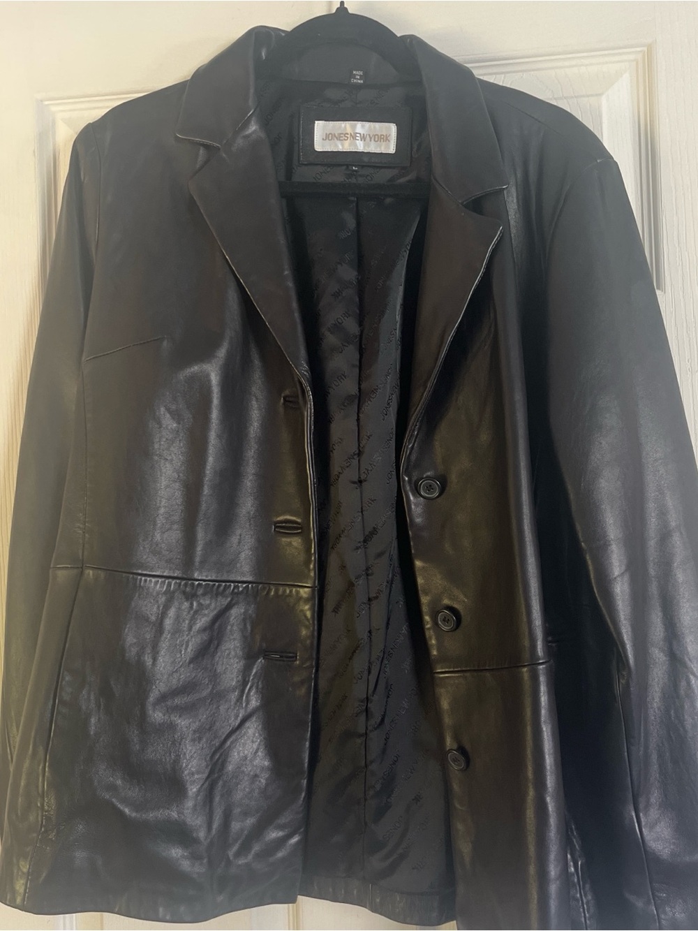 Large Jones New York Black Leather Trench Coat